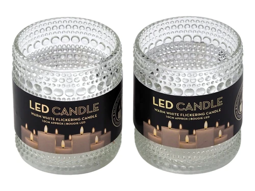 Flickering LED Candle in Textured Glass Holder - Blow Out Feature - Set of 2