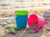 Children's Round Castle Beach Bucket and Spade - Pink Blue Green - Set of 3