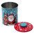 Christmas Santa Reindeer Round Metal Storage Tin with Lid – Red Blue Snowflake