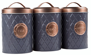 Metal Tea Coffee Sugar Canisters Grey Rose Gold Design (Set of