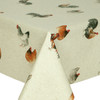Acrylic Coated Tablecloth - Digital Chicken Coop. Pictured on a table