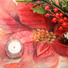 Acrylic Coated Tablecloth - Digital Poinsettia. Pictured with a votive tealight candle and seasonal greenery.