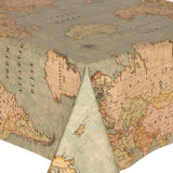 Valencia: World Map wipe clean acrylic coated tablecloth - shown on a table.
