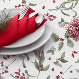 Wipe Clean Tablecloth - Blaze Mistletoe. Pictured with a Table Setting