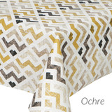 Acrylic Coated Tablecloth - Living: Zigzag- Ochre. Shown spread on a table
