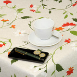Acrylic Coated Tablecloth Loneta: Manet. Pictured with a cup and saucer, phone and pen.
