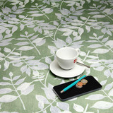 Wipe Clean, Acrylic Coated Fabric- Loneta: Giordano. Pictured with cup and and saucer, 'phone, and pen.