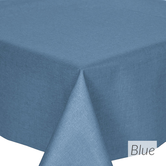 Living Weave Acrylic Coated Tablecloth - Blue. Shown on a table