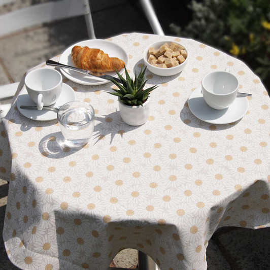 Wipe Clean Tablecloth - Mirha Spring on a small bistro style table