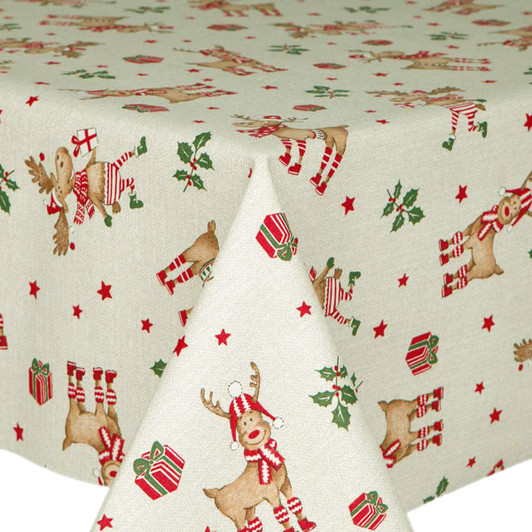Living: Rudolph Christmas Tablecloth Acrylic Coated Wipe Clean shown on a table
