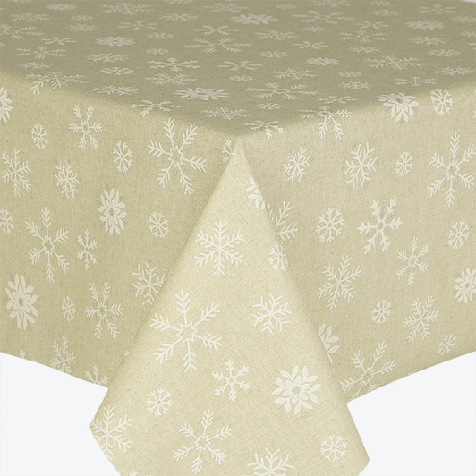 Christmas Wipe Clean Tablecloth - Mirha Champagne Sparkle - pictured on a table.