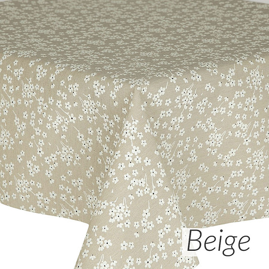 Acrylic Coated Tablecloth - Culla: Fleur in Beige. Shown on a table