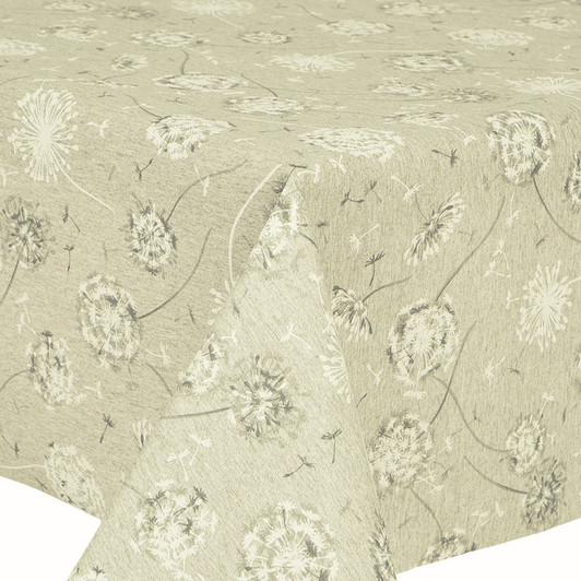 Mirha Dandelion wipe clean acrylic coated tablecloth. Pictured on a table