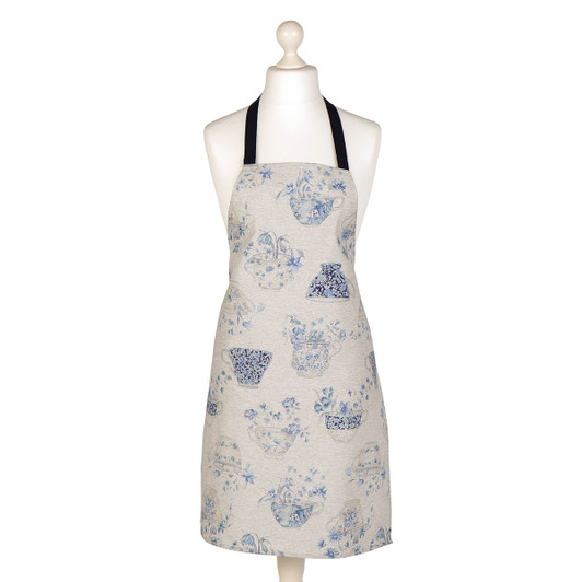 Acrylic coated apron. Living: Blue Teacups  - full length view.