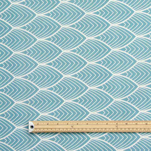 Wipe Clean Tablecloth Fabric. Navarra: Mayor Aqua - Pictured with a wooden ruler