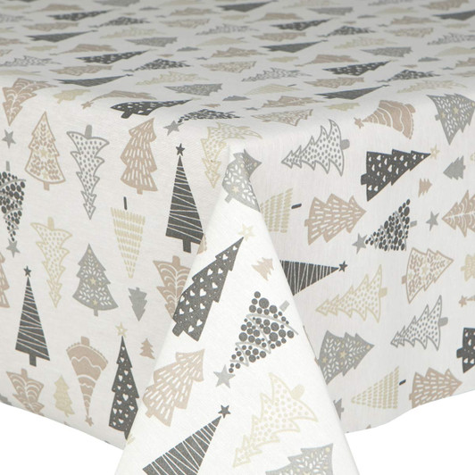 Living Christmas Trees-  wipe clean acrylic coated tablecloth pictured on a table
