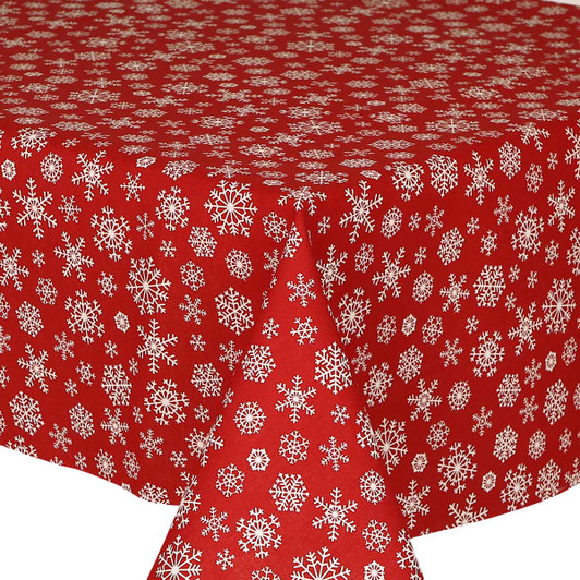 Symphony: Snowflake Acrylic Coated Tablecloth shown on a table
