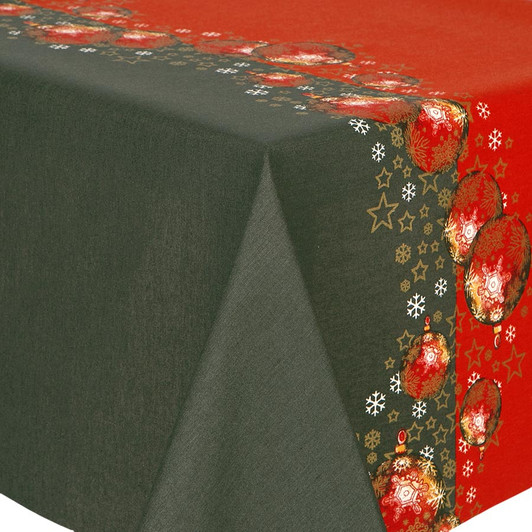 Navarra Festive wipe clean acrylic coated tablecloth pictured on a table.