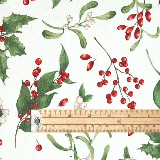 Wipe Clean Tablecloth Fabric - Blaze: Mistletoe - shown with metre rule
