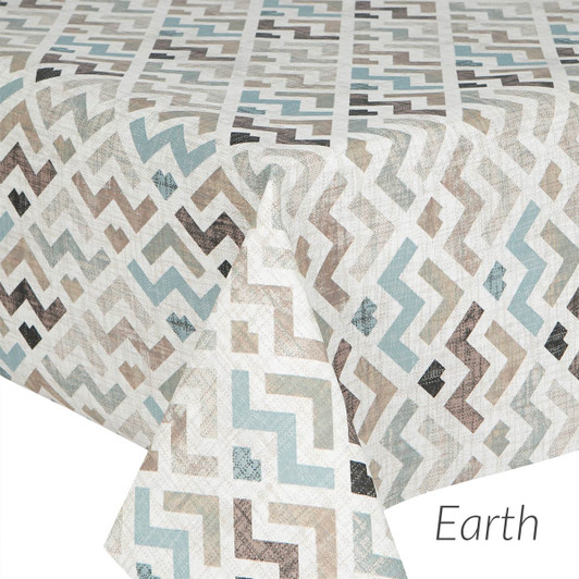 Acrylic Coated Tablecloth - Living: Zigzag - Earth. Shown spread on a table