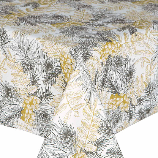 Acrylic Coated Tablecloth -  Blaze: Rustic Spruce - pictured on the corner of a table