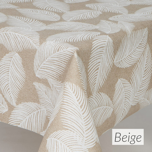Acrylic Coated Tablecloth - Living: Feathers- Beige. Shown on a table