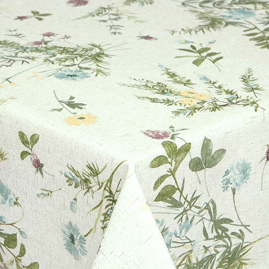 Wipe Clean Tablecloth - Blaze: Meadow Flowers. Pictured on a tabletop.