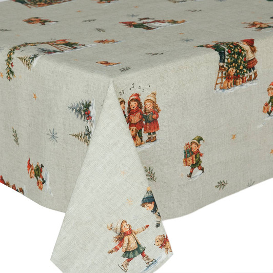 Wipe Clean Christmas Tablecloth: Culla Carols- pictured on a table.