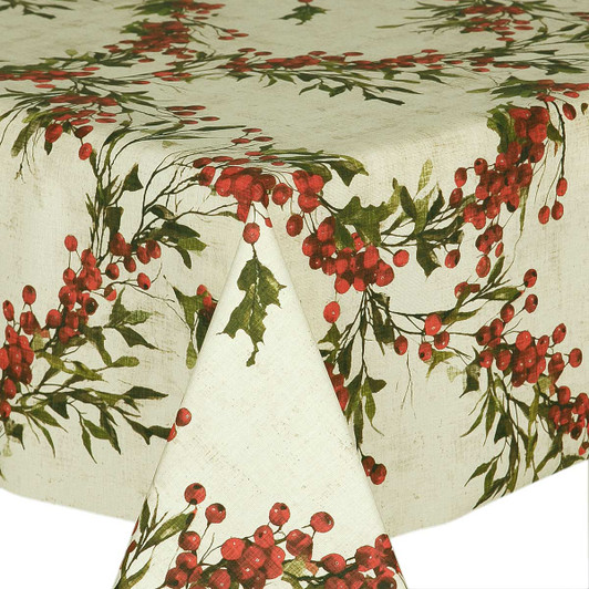 Wipe Clean Christmas Tablecloth: Culla: Bessie - pictured on a table.