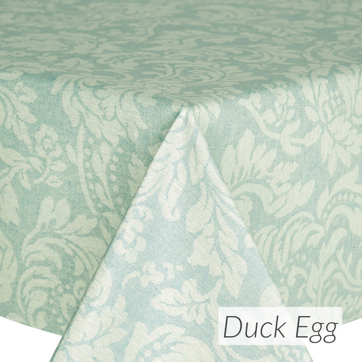 Catalonia Damask Duck Egg - Wipe Clean Tablecloth - pictured on a table
