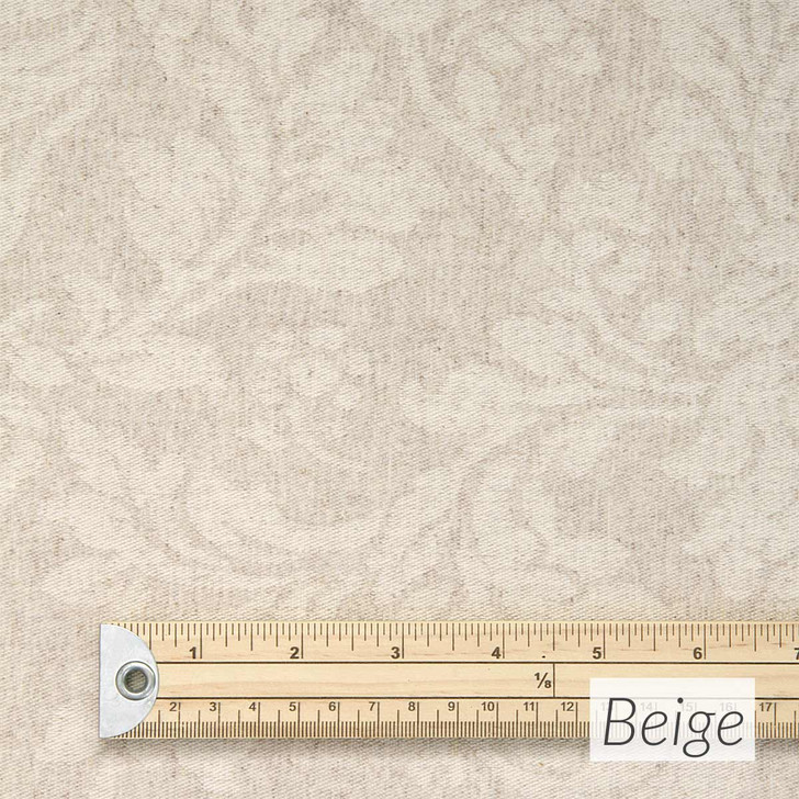 Catalonia Damask Acrylic Coated Fabric. Colour: Beige - pictured with a wooden rule.