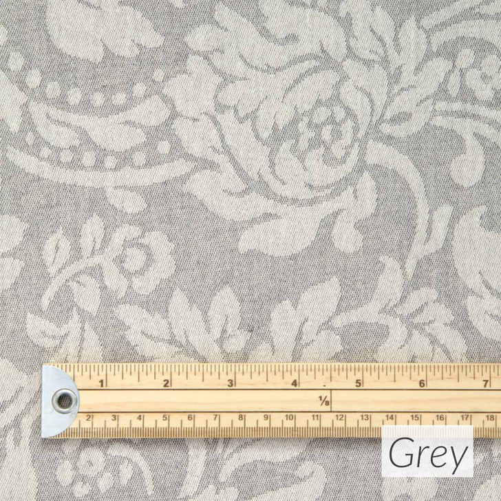 Catalonia Damask Acrylic Coated Fabric. Colour: Grey - pictured with a wooden rule.