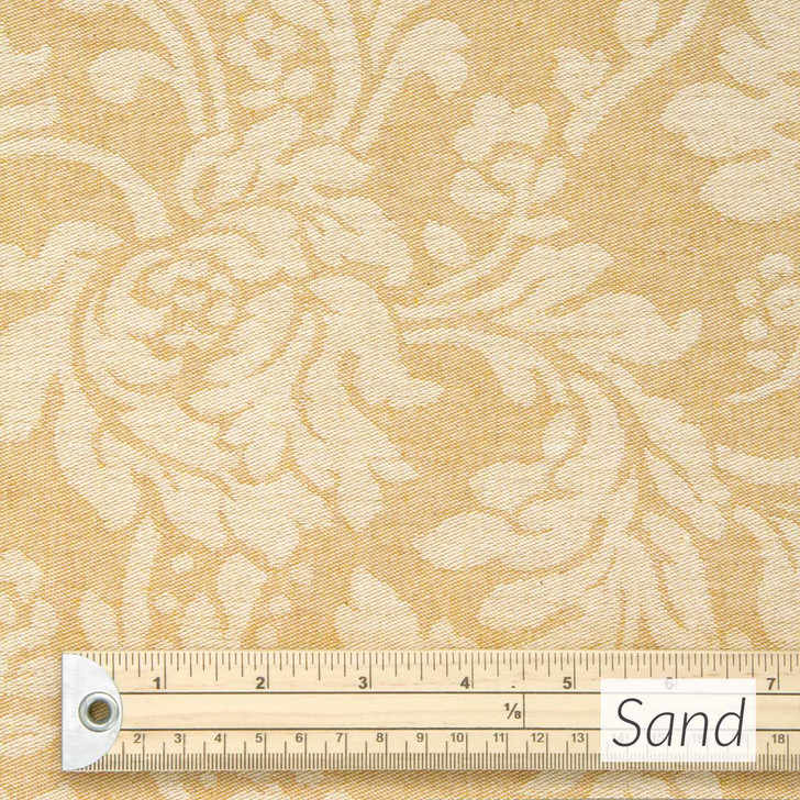 Catalonia Damask Acrylic Coated Fabric. Colour: Sand - pictured with a wooden rule.