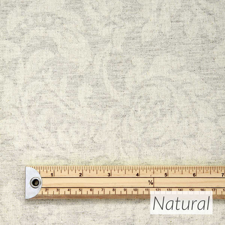 Catalonia Damask Acrylic Coated Fabric. Colour: Natural - pictured with a wooden rule.