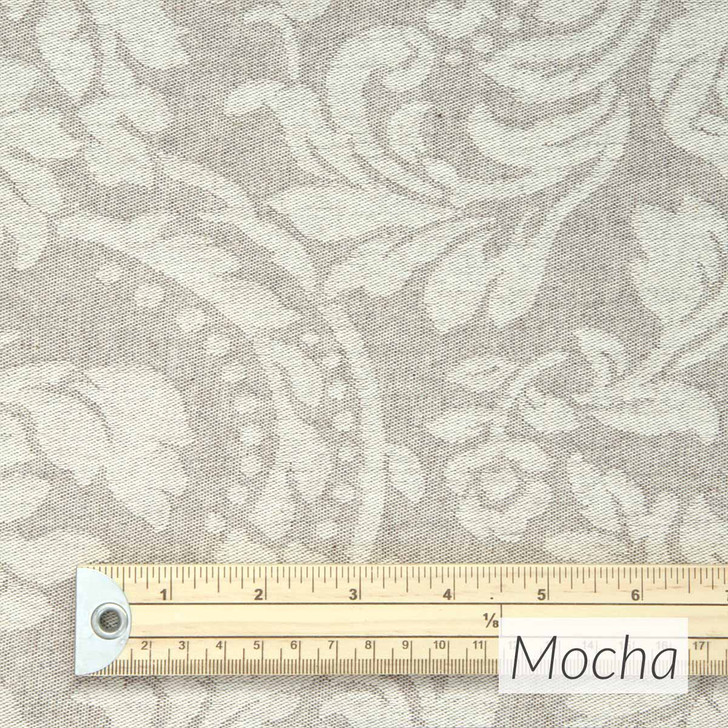 Catalonia Damask Acrylic Coated Fabric. Colour: Mocha - pictured with a wooden rule.