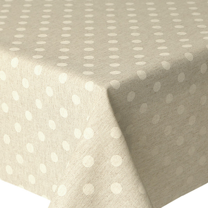 Wipe Clean Tablecloth - Mirha Polka Beige shown on a table top