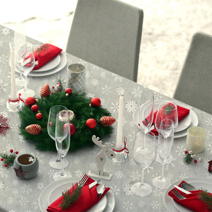 Living Sparkle Grey Pearl Christmas Tablecloth Acrylic Coated Wipe Clean shown in a festive table setting.