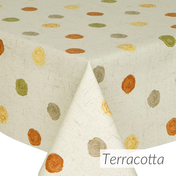 Acrylic Coated Tablecloth Loneta: Leon - Terracotta. Shown draped on a table.