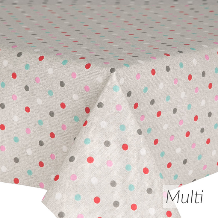 Acrylic Coated Tablecloth - Navarra: Spots Multi pictured on a table