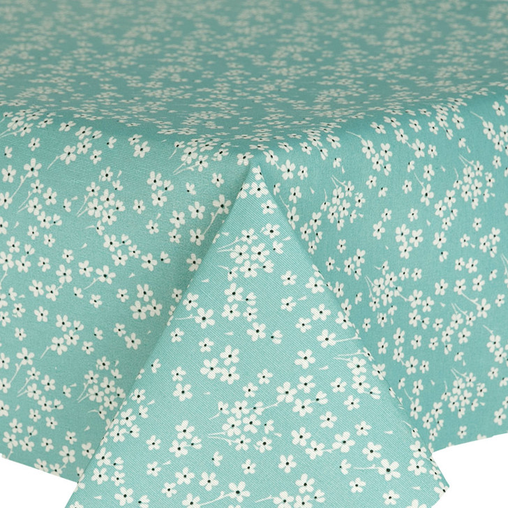 Acrylic Coated Tablecloth - Navarra:  Fleur Duck Egg pictured on a table