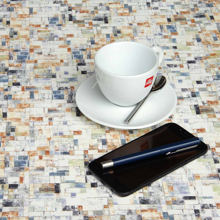 Wipe Clean Tablecloth - Navarra: Igor pictured with a cup, saucer and phone