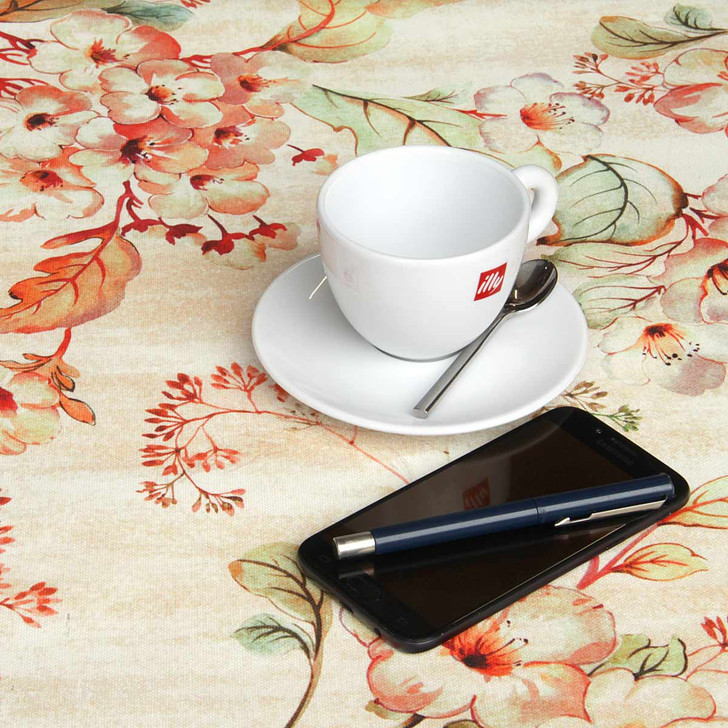 Digital : Jolie.  Wipe Clean Tablecloth pictured with a cup, saucer and phone