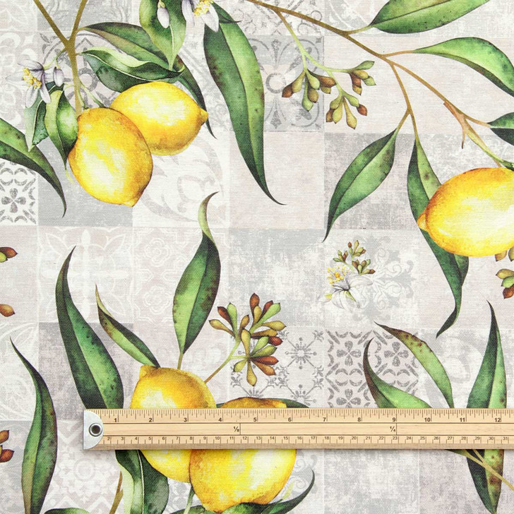 Acrylic Coated Fabric - Digital Limonero. Pictured with a wooden metre rule