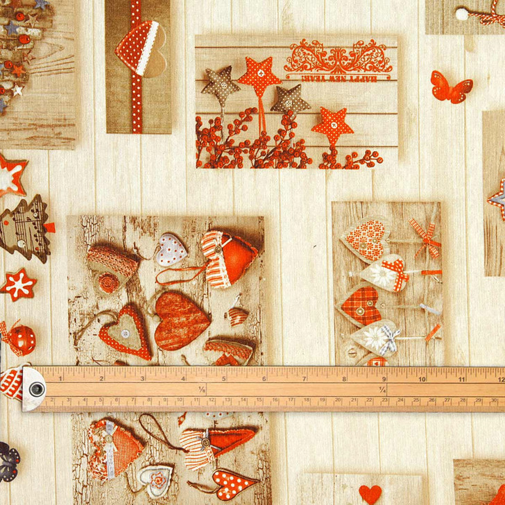 Wipe Clean Acrylic Coated Fabric - Navarra: Love Christmas.  Pictured with a wooden ruler to show scale.