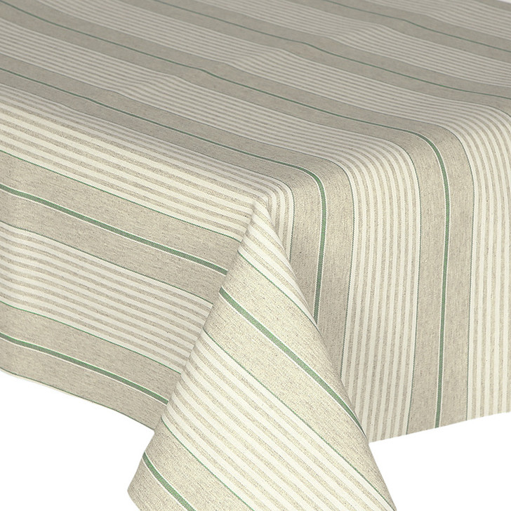 Acrylic Coated Fabric- Mirha Yarn Dyed: Harbour Stripe - Green. Pictured on a table
