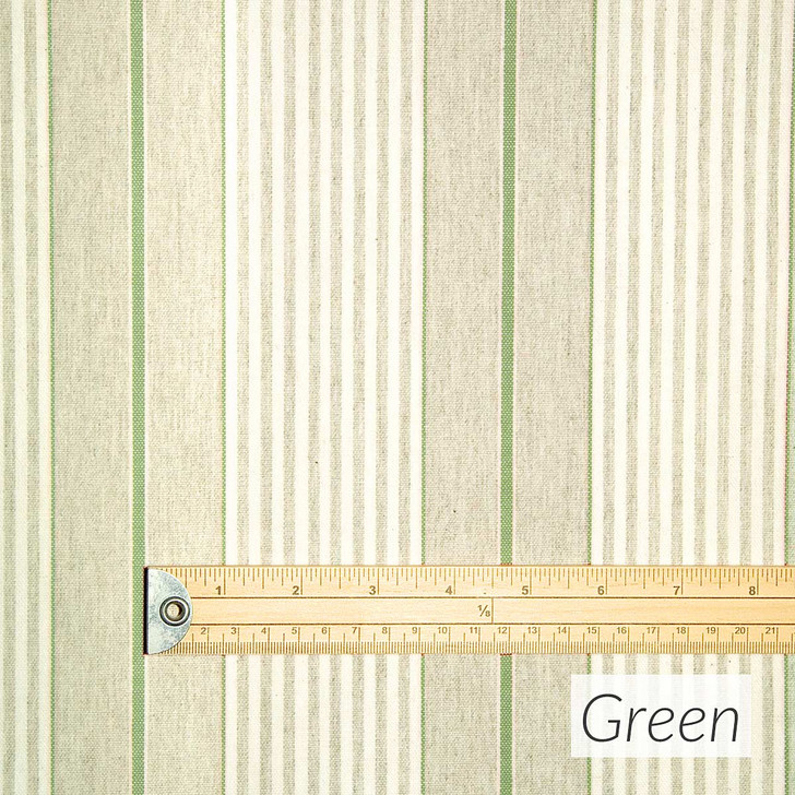 Wipe Clean Fabric- Mirha Yarn Dyed: Harbour Stripe - Green. Pictured with a wooden ruler to show scale