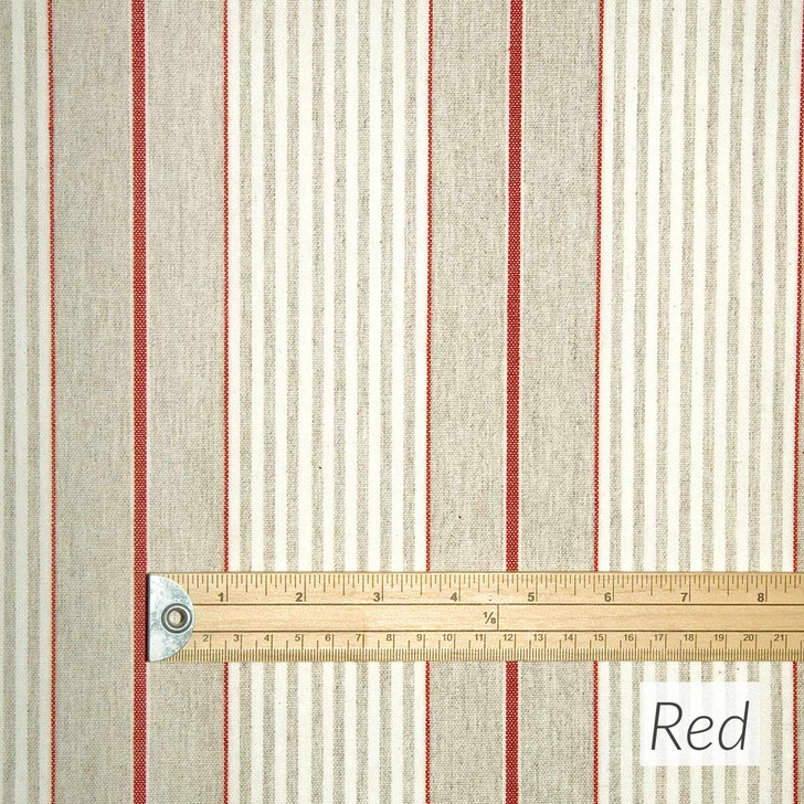 Wipe Clean Fabric- Mirha Yarn Dyed: Harbour Stripe - Red. Pictured with a wooden ruler to show scale