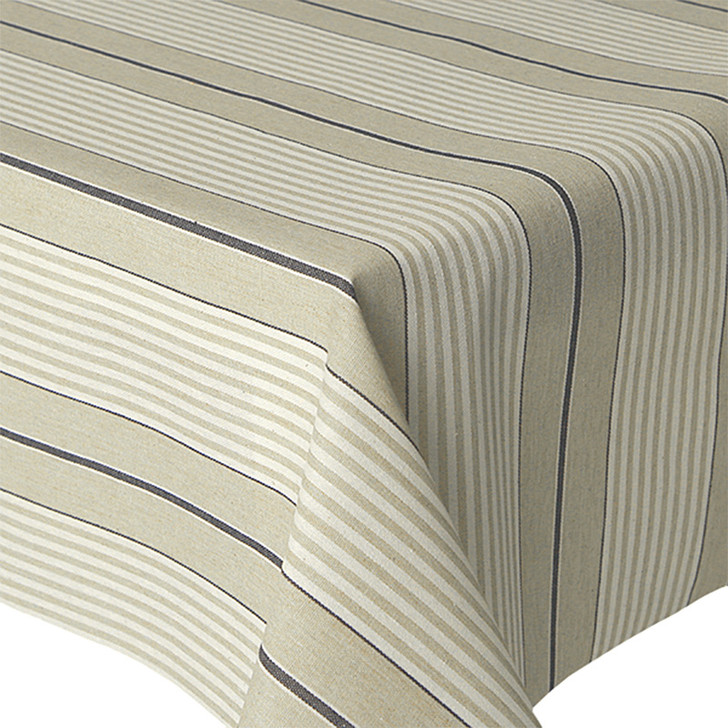 Wipe Clean Fabric- Mirha Yarn Dyed: Harbour Stripe - Blue. Pictured on a table