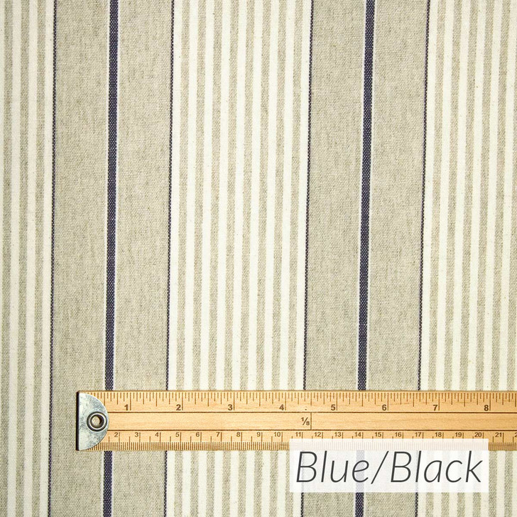 Wipe Clean Fabric- Mirha Yarn Dyed: Harbour Stripe - Blue. Pictured with a wooden ruler to show scale
