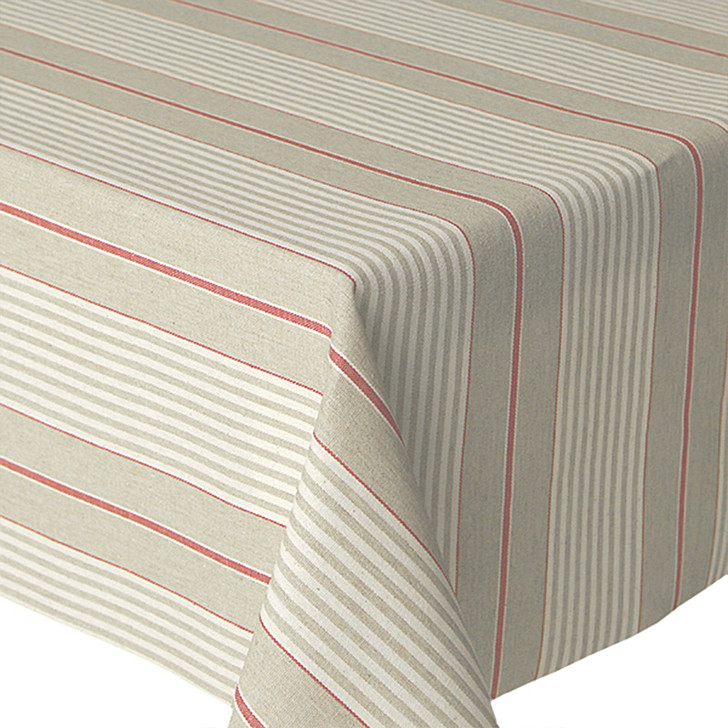 Acrylic Oilcloth - Mirha Yarn Dyed: Harbour Stripe - Red. Pictured on a table
